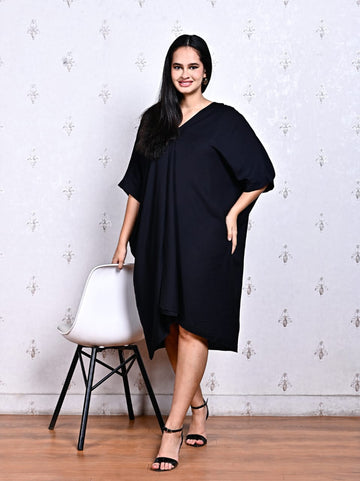 Classic Black V-Neck Kaftan Dress in Blended Cotton