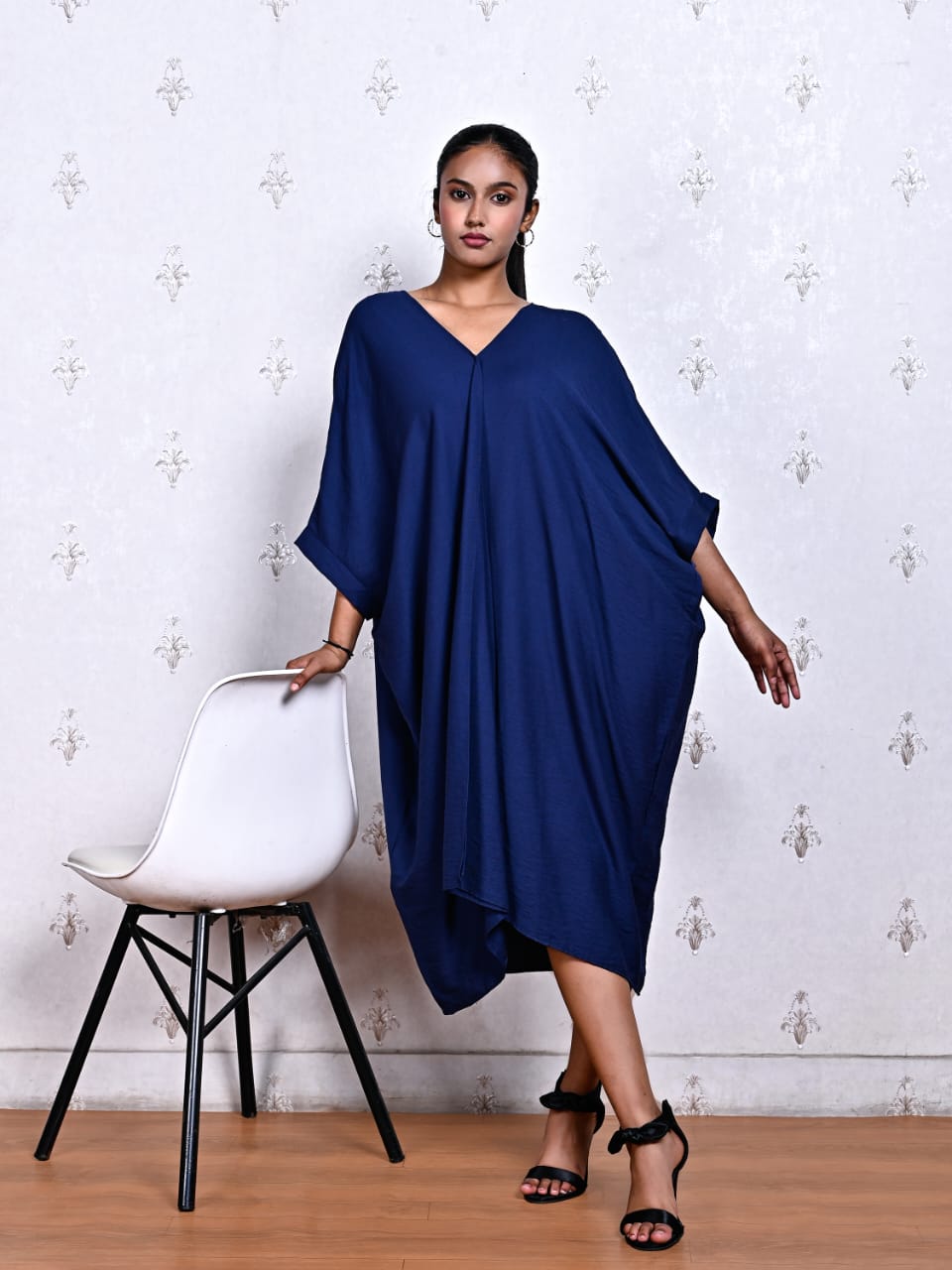 Navy Blue Blended Cotton Kaftan Dress with V-Neckline