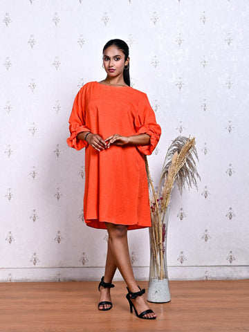Bright Orange Balloon Sleeve Dress in Blended Cotton