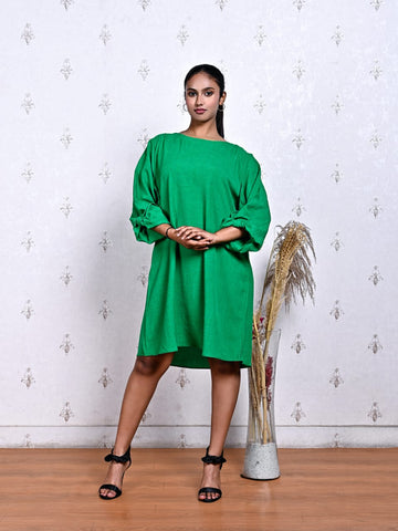 Emerald Green Balloon Sleeve Dress in Blended Cotton