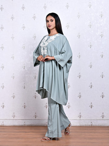 Sage Green Crepe Co-ord Set with Hand Embroidery & Lotus Pearl Detailing