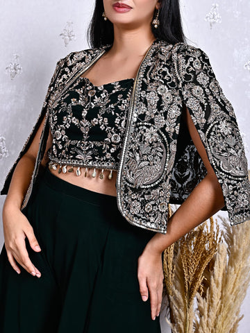 Black Georgette Sharara Set with Embellished Cape – Mirror & Thread Work