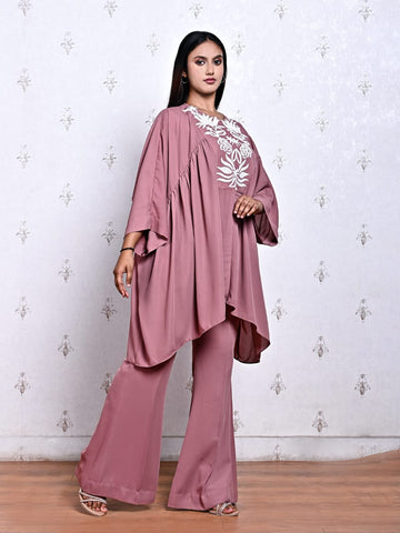 Blush Pink Crepe Coord Set with Lotus Pearl Hand Embroidery