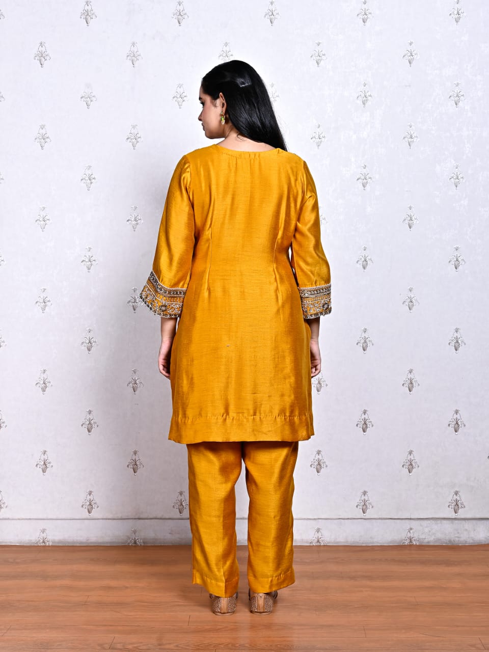 Mustard Monga Silk Embroidered Kurta Set with Handwork Detailing
