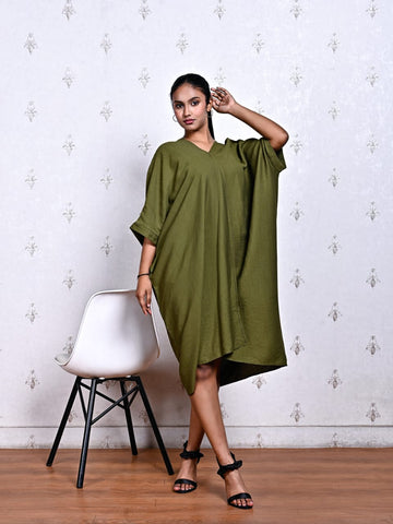 Olive Green Kaftan Dress in Blended Cotton
