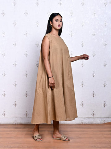Beige Sleeveless Flared Dress in Pure Cotton