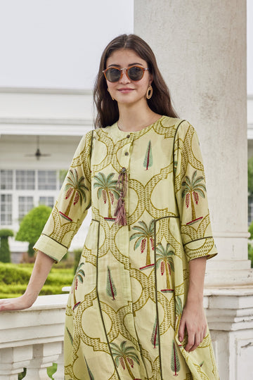 Printed Cotton Silk Long Hand-Block  Dress