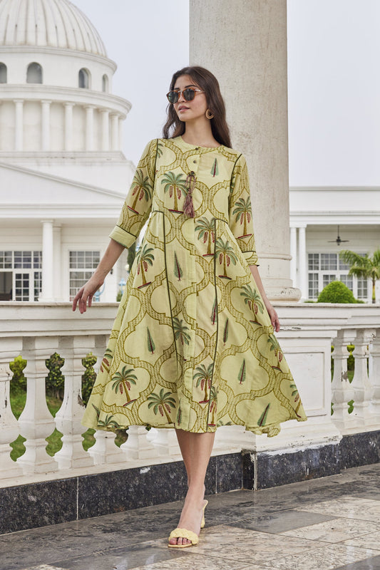 Printed Cotton Silk Long Hand-Block  Dress